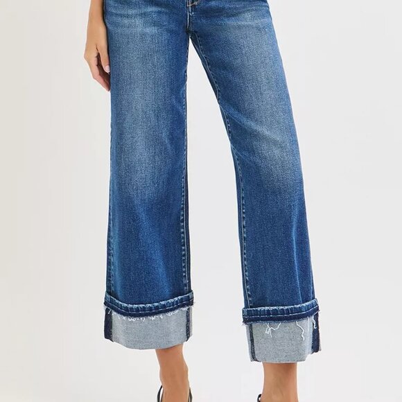 RISEN Mid Rise Ankle Straight Jeans with Cuffed Hem - Picture 3 of 6